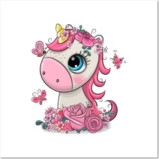 Cute baby unicorn with flowers Posters and Art